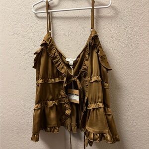 Brown Ruffled Tie Front Tank